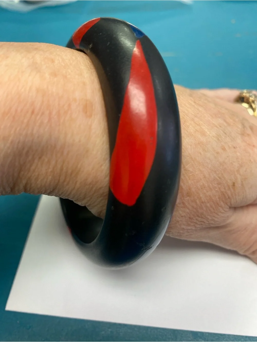 Vintage Black Resin Bangle Bracelet with Red and Blue Inlay